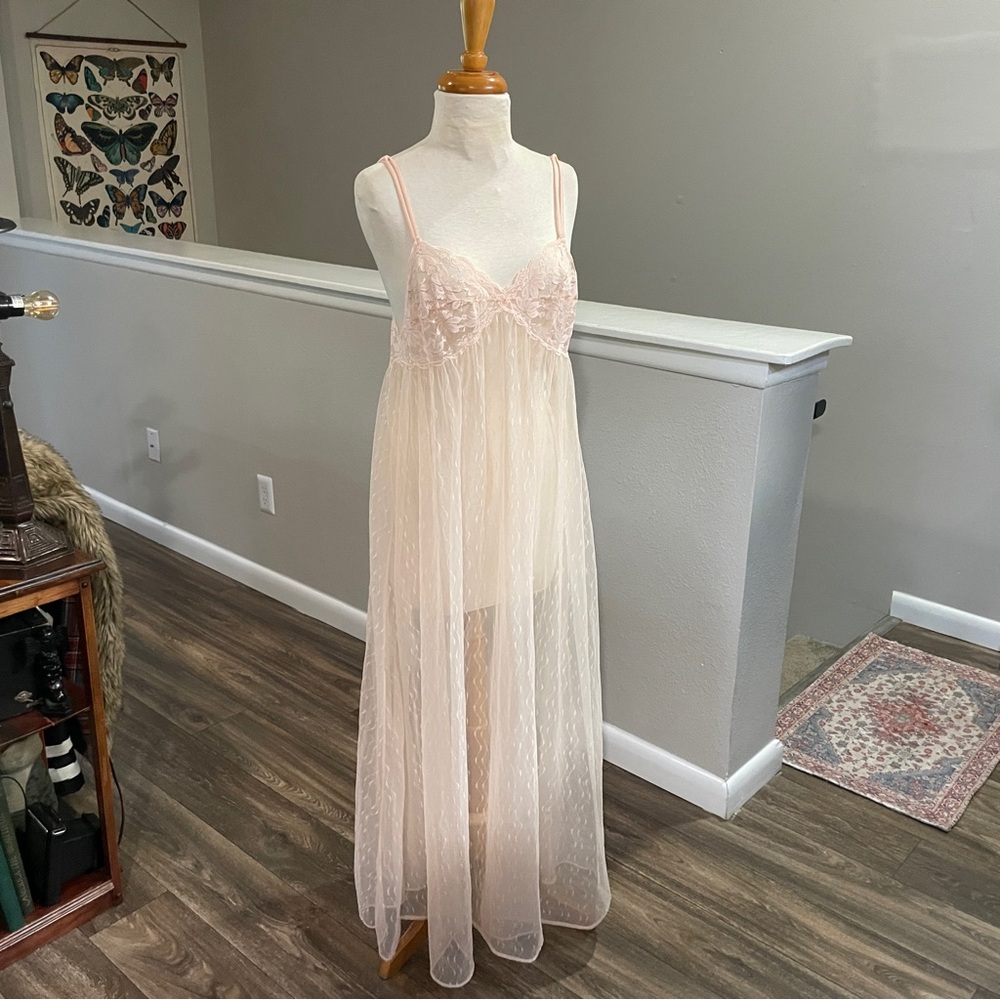 Vintage Pink Sheer Long Nightgown | Lace Bust | Size S/M